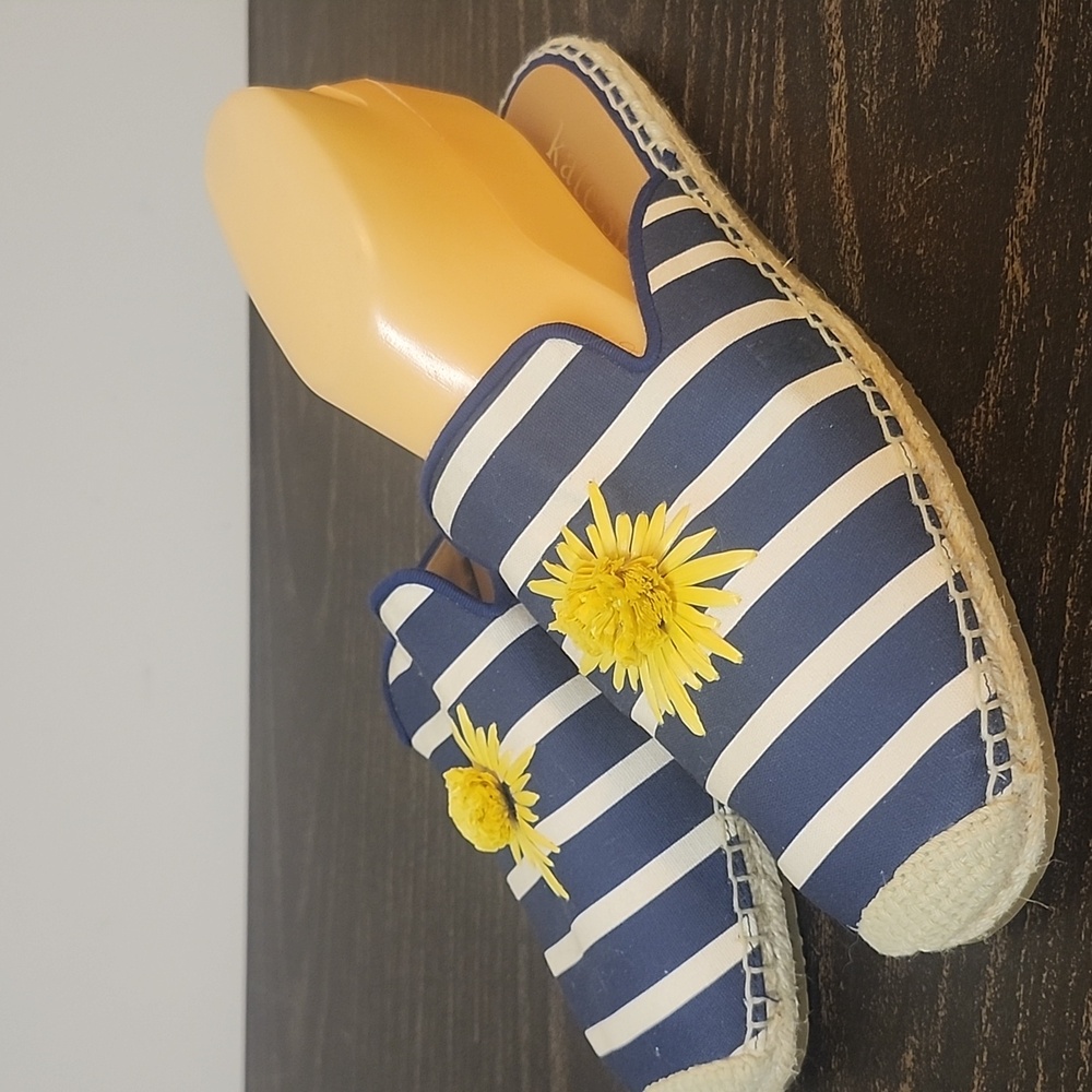 kate spade Navy and White Striped Slip-On Mules with Yellow Flower Accent